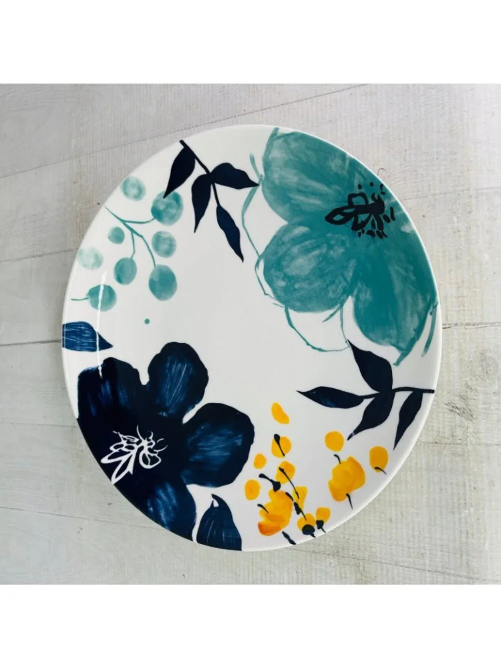 Baum Brothers BELLA FLORAL Indigo Turquoise Yellow Floral Dinner Plates Set of 4
